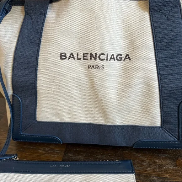 Balenciaga $1,200 Cabas Canvas Navy Leather Trim Tote Bag